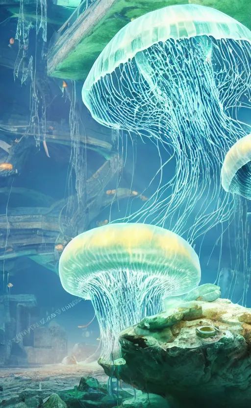 Image similar to giant glowing jellyfish made of fish with a transparent wet shell, watching over a sunken ancient city, photorealistic, 4K detailed post-processing, cinematic light, intricate detail, octane render