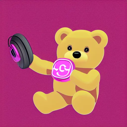 Image similar to iconic vector logo of cute cuddly pink bear with a podcast microphone, melodic, headphones, music, streaming, dreamy, isometric, adorable, octane render, golden ratio, 4k UHD, iconic design