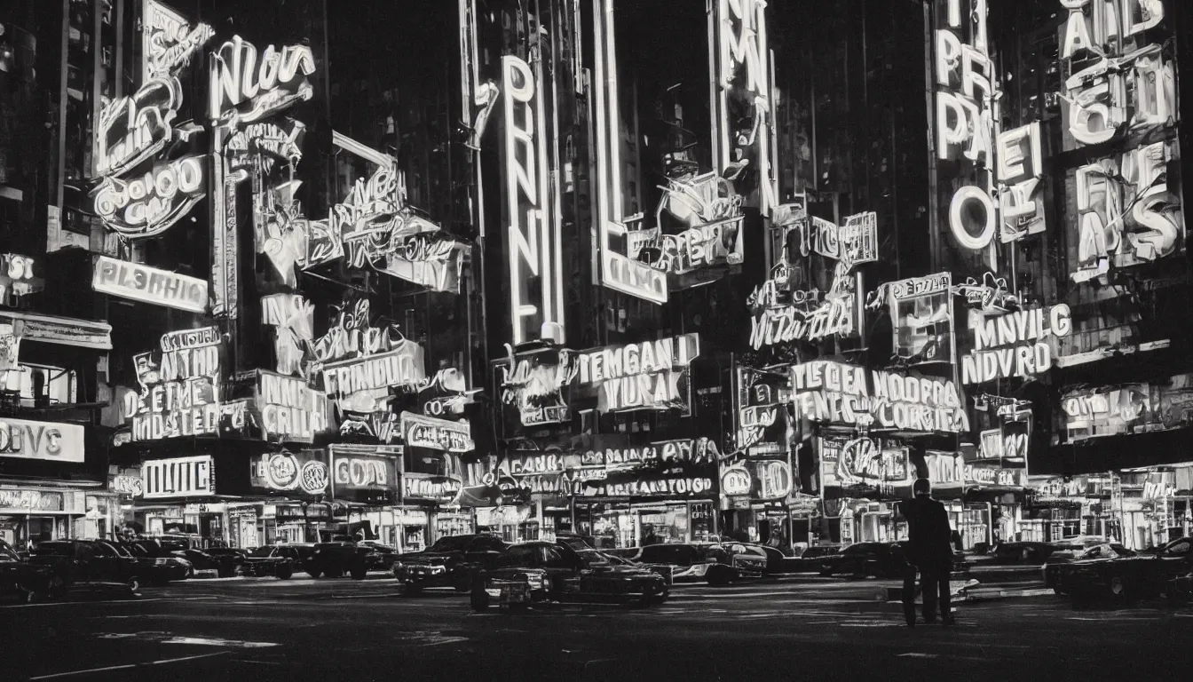 Image similar to 8 0 s polaroid photo, cinema still, tall man in suit smoking and watching new york panorama at night, neon signs, colorful haze, americana, high production value, 8 k resolution, hyperrealistic, photorealistic, high definition, high details, tehnicolor, award - winning photography, masterpiece, amazing colors