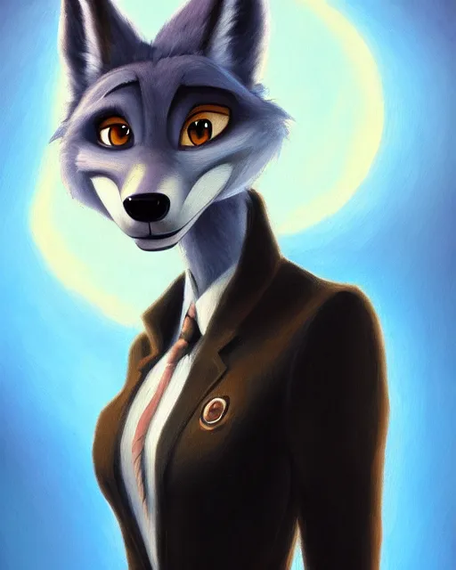 Image similar to oil painting of anthromorphic female wolf, in style of zootopia, female fursona, furry, furaffinity, 4 k, deviantart, furry art, fursona art, wearing black business suit, business suit, wolf fursona, female, very expressive detailed feminine face,