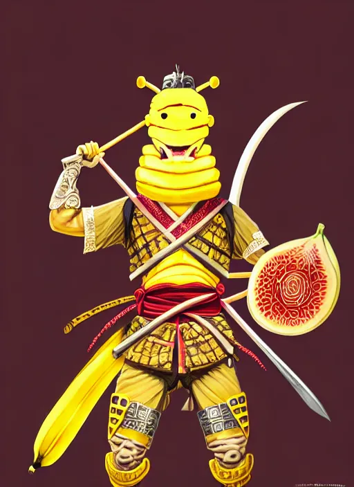 Prompt: a anthropomorphic banana wearing samurai armor, diffuse lighting, fantasy, intricate, elegant, highly detailed, lifelike, bananapunk, photorealistic, digital painting, artstation, illustration, concept art, smooth, sharp focus, art by frank frazetta and marco bucci and loish and rossdraws and artgerm and alphonse mucha