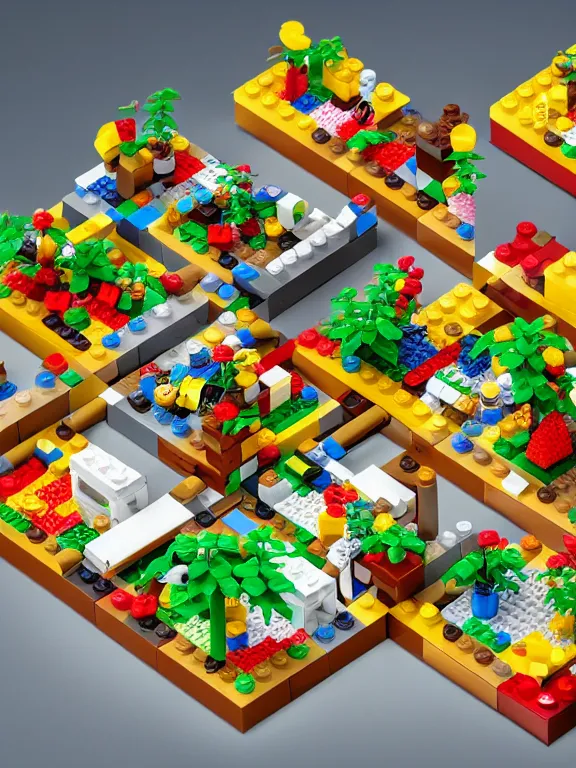 Image similar to miniature isometric lego diorama of epic fruits factory