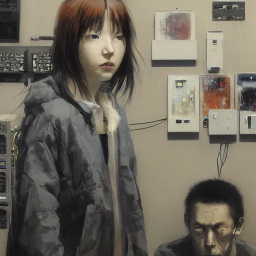 Image similar to portrait of lain iwakura connected to a room full of cables computers and displays by ruan jia and joao ruas. atmospheric