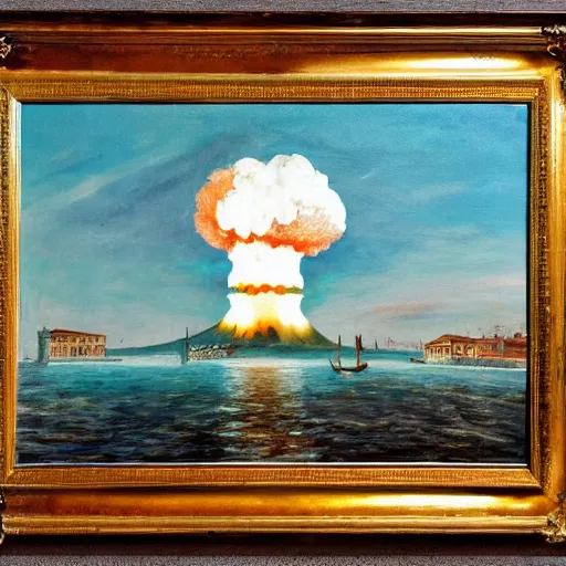 Prompt: a 1 8 th painting of a nuclear explosion in venice