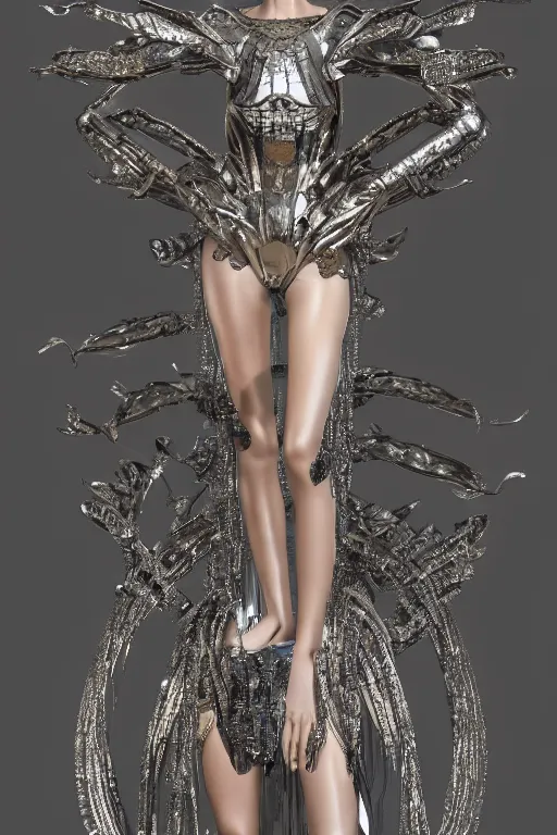 Image similar to a highly detailed 4 k render of a beautiful tall alien goddess bella hadid in iris van herpen dress armor schiaparelli in diamonds and jewelry in style of alphonse mucha trending on artstation made in unreal engine 4