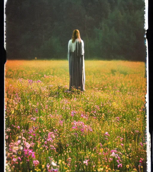 Prompt: mystical death god standing in tall meadow of flowers, distant, film photo, grainy, high detail, high resolution