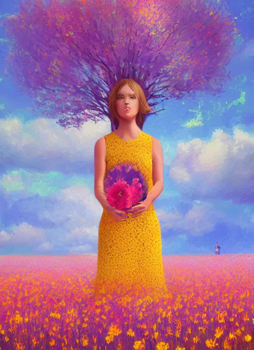 Image similar to girl with flower as a face, flower dress, standing in a flower field, big trees, sunrise dramatic light, impressionist painting, colorful clouds, digital painting, pointillism, artstation, simon stalenhag