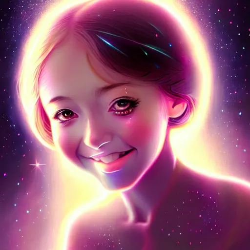 Image similar to The beginning of time, portrait of a beautiful young girl, in hyper detail, dressed in stars and planets, extreme hyper detail, dramatic, fantasy lighting, matte print, digital art, cute smile, beautiful eyes, digital painting, fan art, pixiv, elegant, Ilya Kuvshinov style, Studio Ghibli