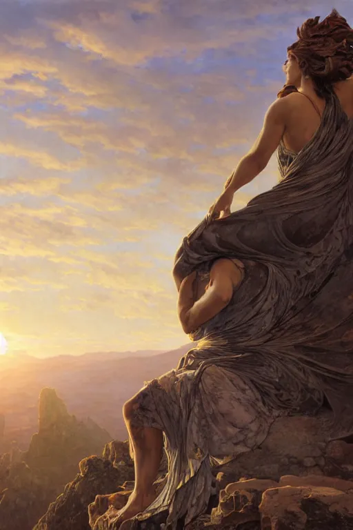 Prompt: an ultradetailed colossal magnificent stone sculpture carved from the top of a massive mountain of an elegant woman lying down with a hand raised to the sky, fine detail, sunrise on the horizon in the background, stone hand raised up, 8 k, art by greg rutkowski and alphonse mucha and andreas rocha and albert bierstadt