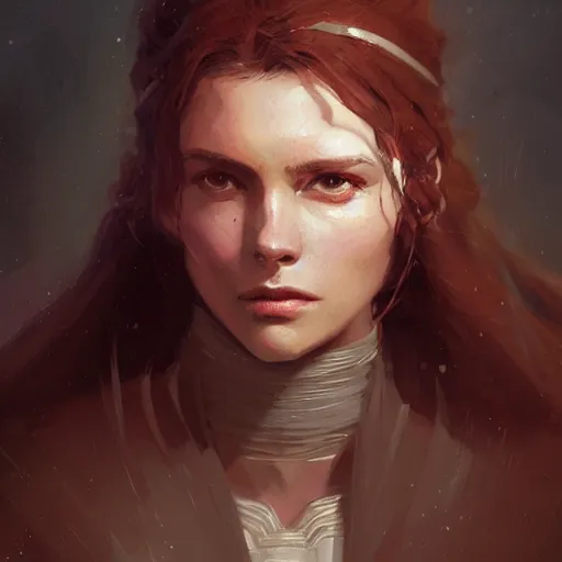 Image similar to portrait of a woman by greg rutkowski, jedi princess knight, curly redhead, jedi robes, star wars expanded universe, she is about 2 0 years old, elegant, graceful, wearing jedi robes, highly detailed portrait, digital painting, artstation, concept art, smooth, sharp foccus ilustration, artstation hq