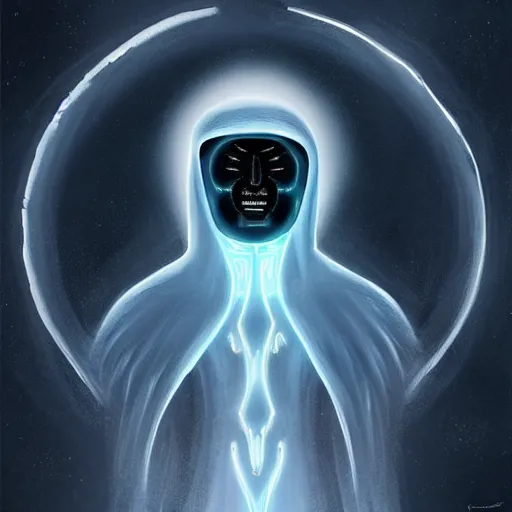 Image similar to award - winning. trending on artstation. 4 k. a faceless astral figure wearing a hooded cape made of the night sky with 1 dark blue glowing eye on its face and rows of teeth on its chest. full - body.