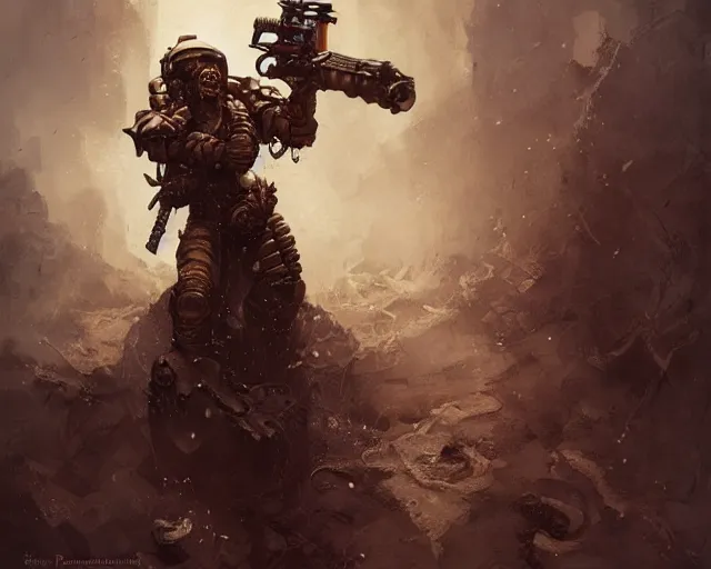 Image similar to portrait of a steampunk doomguy slaying demons, fantasy, hd shot, digital portrait, beautiful, artstation, comic style, by artgerm, guy denning, jakub rozalski, magali villeneuve and charlie bowater