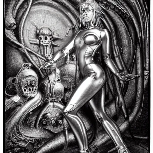 Image similar to 3 d chromium and graphite render of a cyborg machina - nymphette, portrait by tony diterlizzi and h. r giger, ilford hp 5, 5 5 mm, hyper realistic, hyper - mechanistic by artgerm, gustav dore, steve belledin, gothcore, disturbia, joseph christian leyendecker