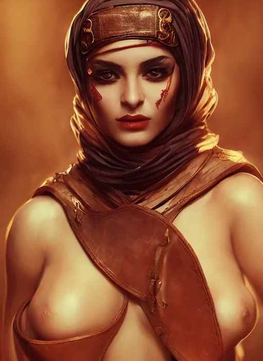 Prompt: Beautiful Arab girl with chest wrapped in bandages, leather, portrait, fantasy, medieval, vivid colors, fantasy, elegant, concept art, sharp focus, beautiful face, digital art, Hyper-realistic, 4K, Unreal Engine, Highly Detailed, HD, Dramatic Lighting by Brom, trending on Artstation