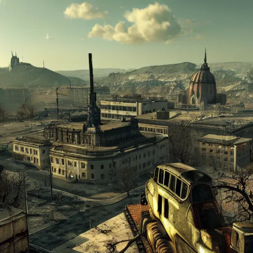 Image similar to fallout 5 set in budapest, game screenshot, 4 k, high detail