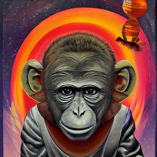 Prompt: a hybrid of monkey with an extraterrestrial, landing in mars with multi color balon, by francis bancon