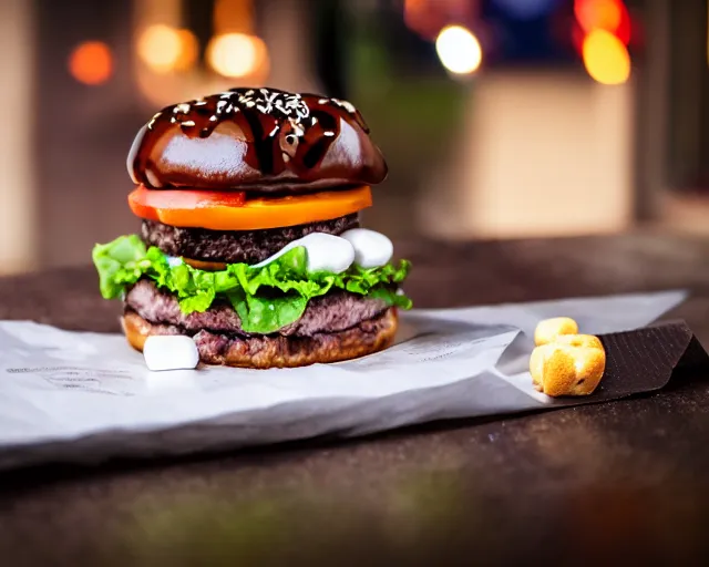 Image similar to dslr food photograph of burger with marshmallows in it, chocolate sauce, 8 5 mm f 1. 8