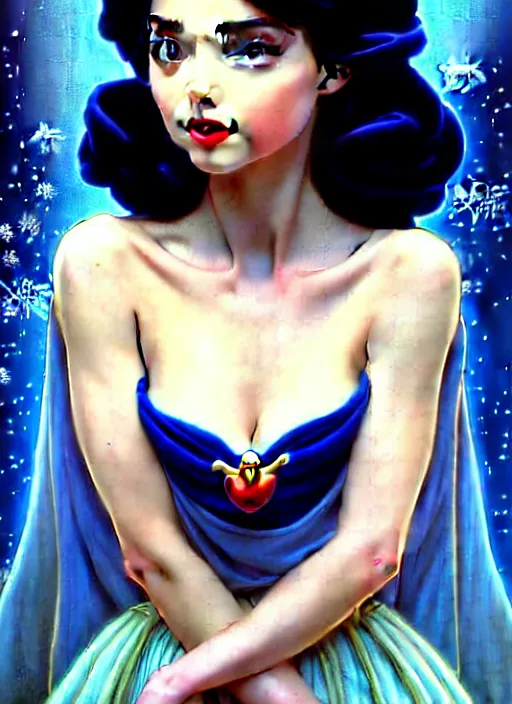 Image similar to disney snow white ( ( ana de armas ) ), dreamscape, girl, masterpiece, intricate, elegant, highly detailed, my rendition, digital painting, artstation, concept art, smooth, sharp focus, illustration, art by artgerm and greg rutkowski and alphonse mucha and uang guangjian and gil elvgren and sachin teng, symmetry!!