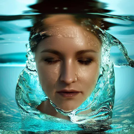 Image similar to water artwork manipulation in the shape of a human head, on the ocean water, ray tracing, realistic water sharp focus, long shot, 8 k resolution, cinematic, amazing water art, photoshop