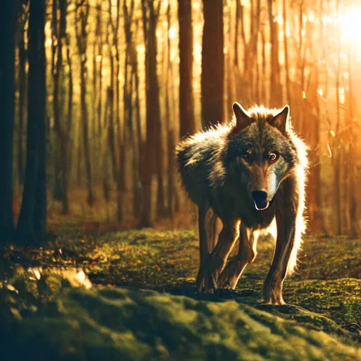 Image similar to werecreature consisting of a wolf and a human, golden hour, photograph captured in a forest