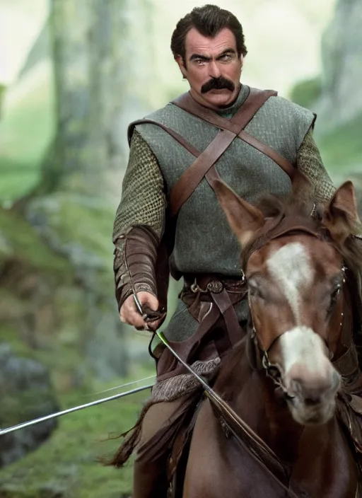 Image similar to film still of tom selleck as legolas in lord of the rings, 4 k