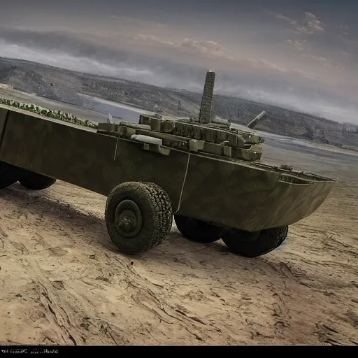 Image similar to Watermelon military HIMARS vehicle with epic weapons, launching rockets on a battlefield, russian city as background. Concept digital 3D art in style of Caspar David Friedrich, Less watermelon more military HIMARS vehicle. Rendered in unreal engine 5, artstationHD, 4k, 8k, 3d render, 3d Houdini, cinema 4d, octane epic RTX volumetric dramatic light