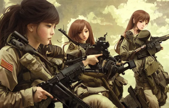 Image similar to war movie scene, squad, infantry girls, anime style, long hair, hair down, symmetrical facial features, explosions, wallpaper, from girls frontline, hyper realistic, pale skin, rule of thirds, extreme detail, high resolution, detailed drawing, trending artstation, hd, trading card, by alphonse mucha, greg rutkowski, backlit