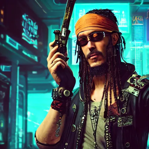 Image similar to a high quality portrait of a gritty pirate in a cyberpunk cyberpunk cyberpunk cafe, realism, 8k, award winning photo