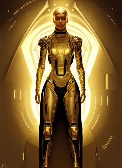 Image similar to symmetry!! portrait of alicia vikander, gold sci - fi armour, tech wear, glowing lights!! sci - fi, intricate, elegant, highly detailed, digital painting, artstation, concept art, smooth, sharp focus, illustration, art by artgerm and greg rutkowski and alphonse mucha