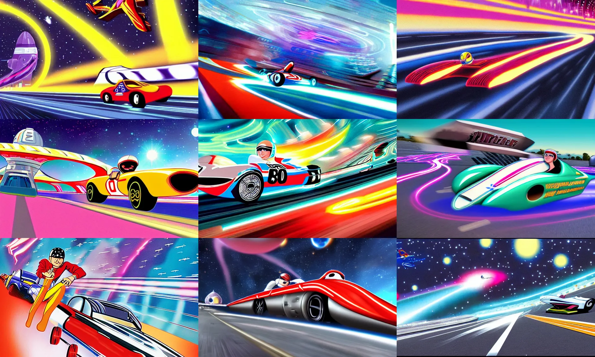 Prompt: Speed Racer on the intergalactic raceway through cosmic warp hyperspace