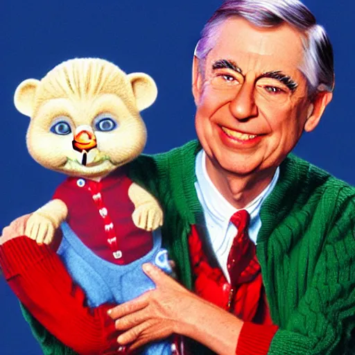 Image similar to photorealistic Mr. Rogers holding Chucky