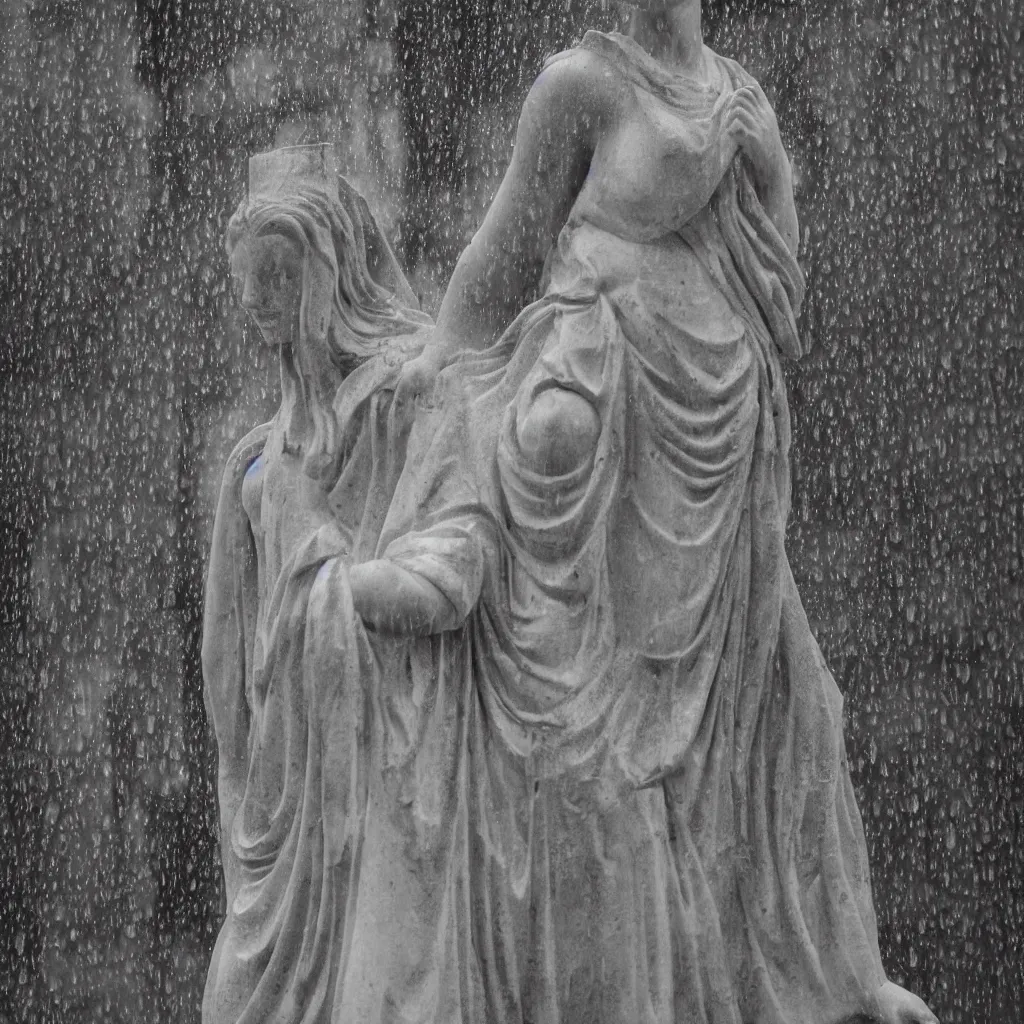 Image similar to marble statue, greek statue, anya taylor joy, queen's gambit series, foggy, rain, raindrops,