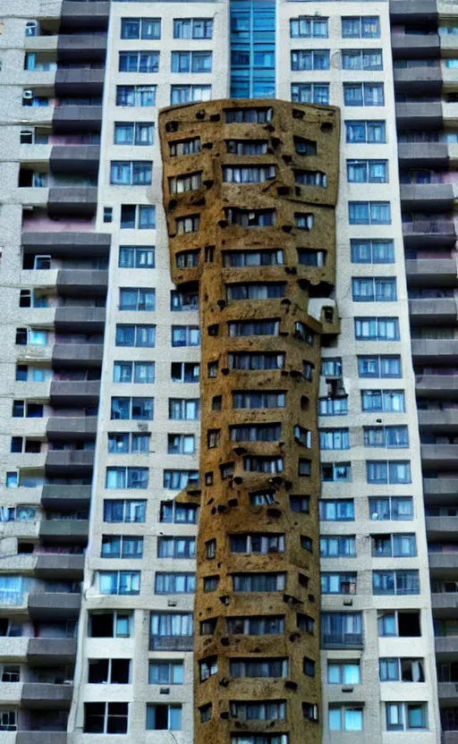 Image similar to giant monster with apartment in its chest, humans looking out from the windows embedded in the monster's chest, living apartment building, apartment building in the shape of a monster, monster made of apartment building