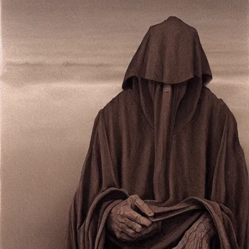 Prompt: Ancient Wizard, Wearing dark robes , by Zdzisław Beksiński