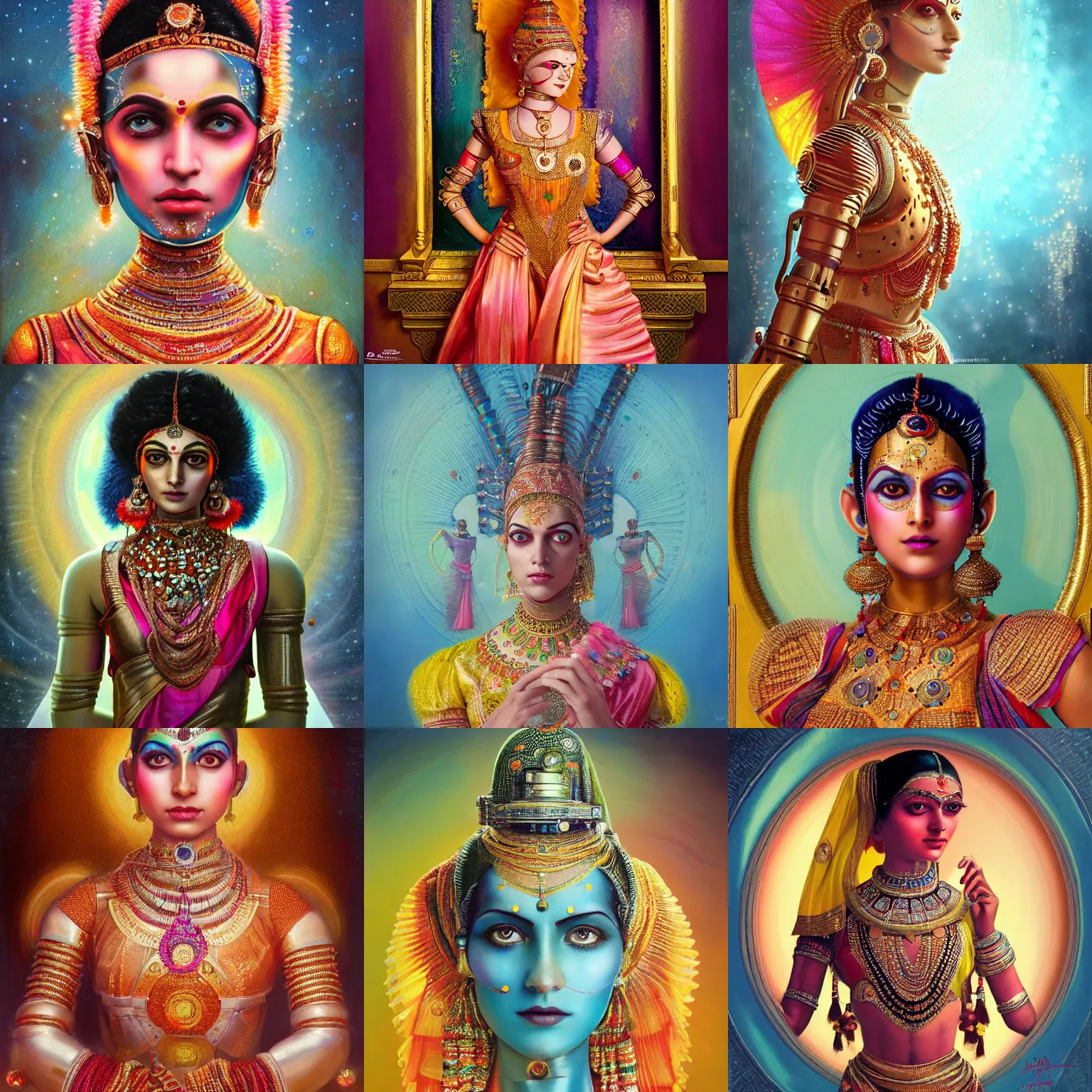 Prompt: a beautiful ultradetailed photo of a futuristic robot dressed as an indian classical dancer in colorful silk, by tom bagshaw and anna dittman, portrait, vignette, 3 5 mm lens, golden ratio composition, detailed face, studio lighting, very detailed, humanoids, industrial robots, artstation, 8 k, highly coherent