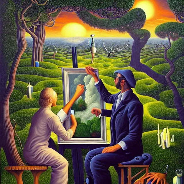 Prompt: an oil on canvas portrait of a man painting a portrait of a beautiful woman in the garden, surrealism, surrealist, lovecraftian, cosmic horror, rob gonsalves, high detail