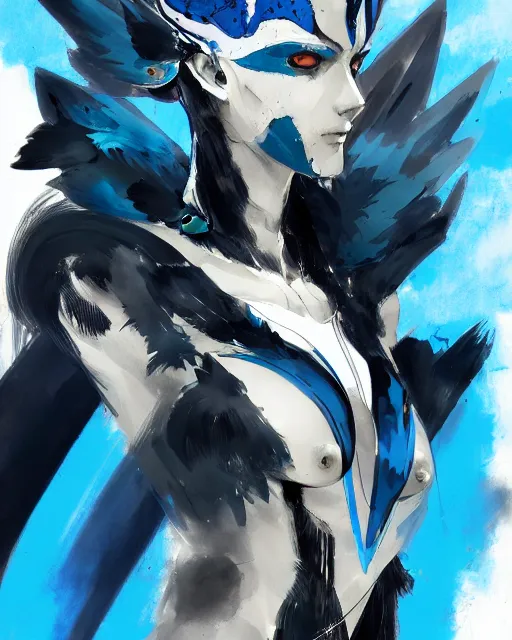 Image similar to concept art of winged wolf neon blue and black, highly detailed painting by dustin nguyen, akihiko yoshida, greg tocchini, 4 k, trending on artstation, 8 k