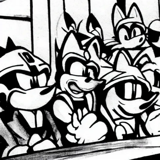 Image similar to sonic the hedgehog is sentenced at the nuremberg trials, historical photograph