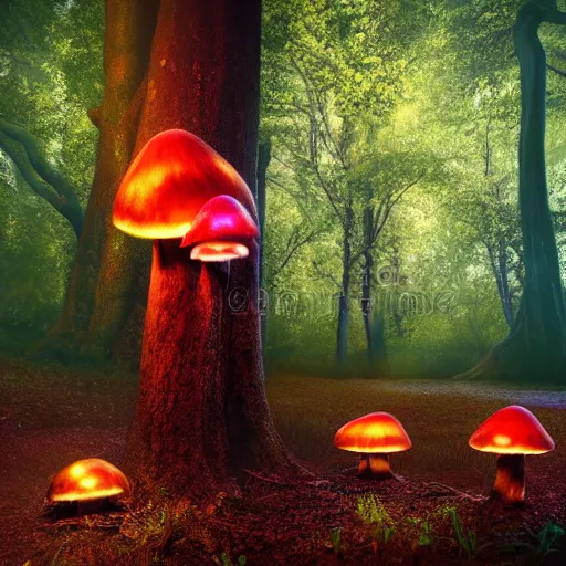 Image similar to glowing mushrooms in magical forrest, dark atmosphere, soft lighting, high detail, 8 k