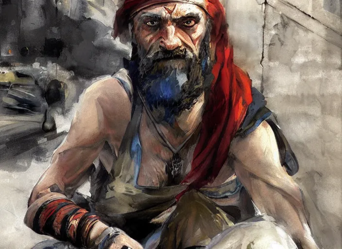 Image similar to a highly detailed beautiful painting of a homeless man as kratos, by gregory manchess, james gurney, james jean