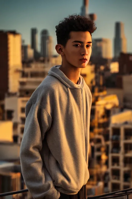 Image similar to un ultra high definition studio quality photographic art portrait of a young man standing on the rooftop of an apartment building wearing all eclectic soft padded clothing. three point light. extremely detailed. golden hour, golden ratio, ray tracing, volumetric light, shallow depth of field. set dressed.