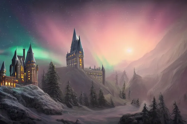 Prompt: mysterious painting of Hogwarts under the northern lights, immaculate scale, hyper-realistic, Unreal Engine, Octane Render, digital art, trending on Artstation, 16k, detailed, atmospheric, immaculate