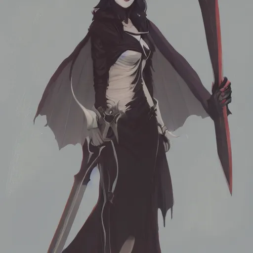 Image similar to female human vampire witch holding a sword, in the style of greg rutkowski, makoto shinkai, trending on artstation, character design, concept art, pretty face, forward facing, highly detailed, digital art, seed : 1 9 2 6 2 5 9 4 0 7