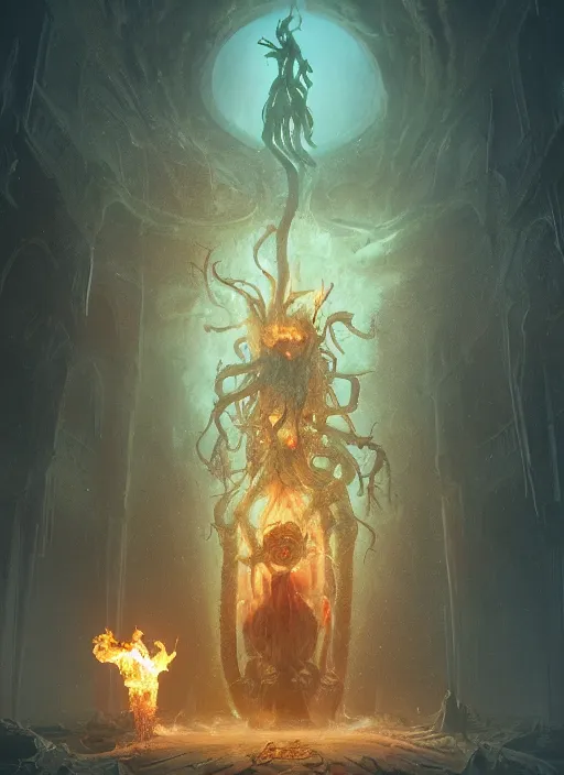 Image similar to shubniggurath destroying a glowing mansion in burning vapor dramatic lighting fantomatic head and faces floating catching fire, artstation, matte painting, bastien lecouffe deharme, aykut aydogdu, allen williams, artem chebokha