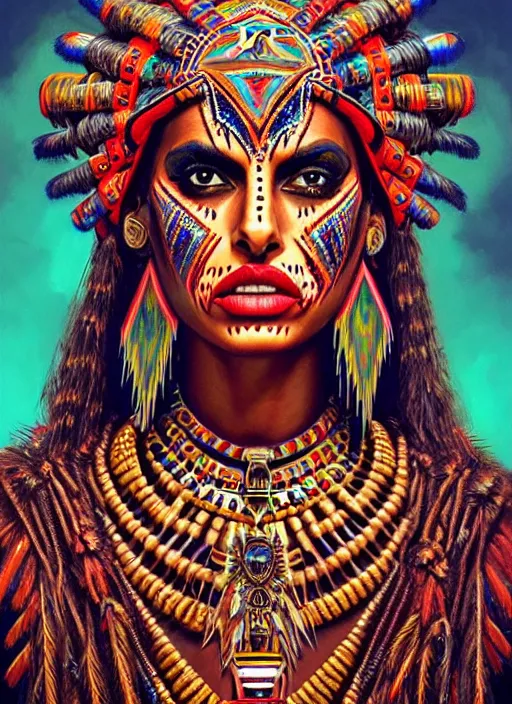 Prompt: portrait of eva mendes, hyper detailed ultra sharp aztec shaman warrior. trending on artstation, warpaint aesthetic, bloodwave, colorful, psychedelic, ornate, intricate, digital painting, concept art, smooth, sharp focus, illustration, art by artgerm and greg rutkowski and h. r. giger, 8 k