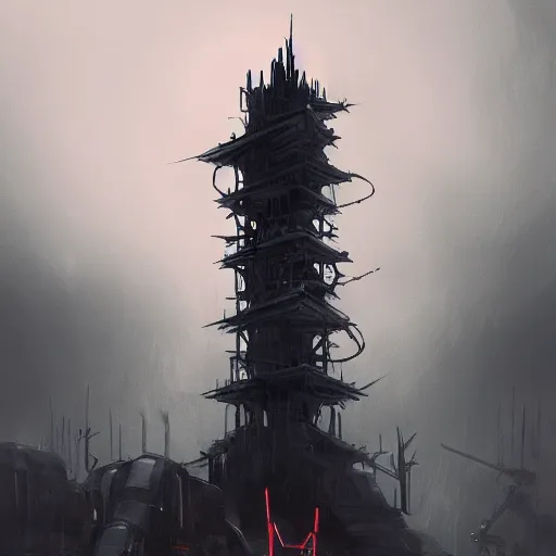 Image similar to a dark twisted metal tower with glowing eyes all staring at a small silhouetted figure in the foreground, dynamic lighting, photorealistic dark sci - fi concept art, trending on artstation, stunning visuals, creative, cinematic, ultra detailed