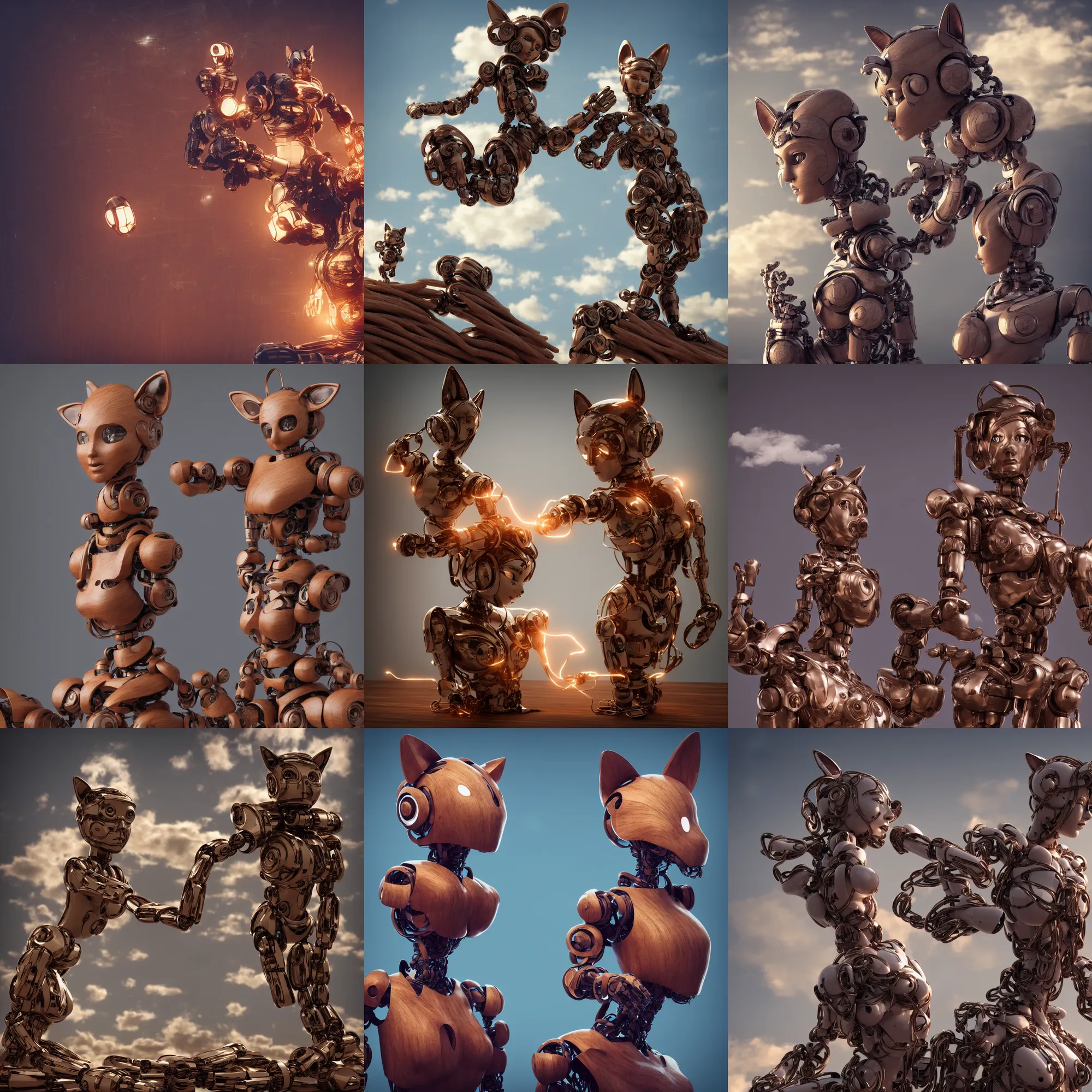 Prompt: 3 d octane render, ultra photorealistic, 8 k hyper detailed image, a beautiful wooden statue of a figurine of a robot wood with cat ears on a magic cloud, cyberpunk,