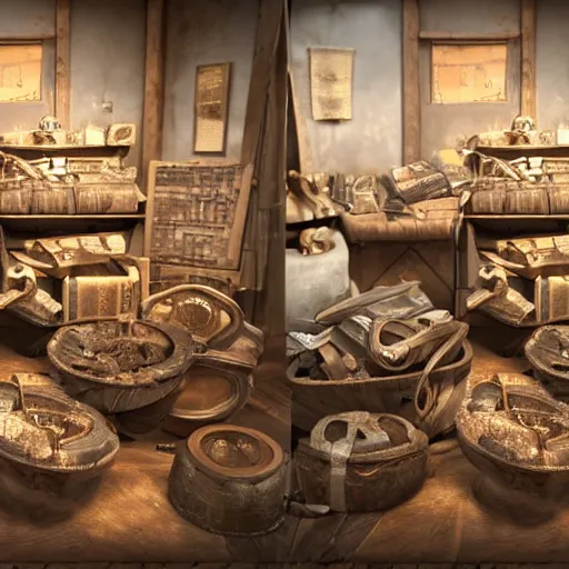 Image similar to a great treasure trove filled with precious objects stollen by pirates, hyper realistic, hdri, raytracing