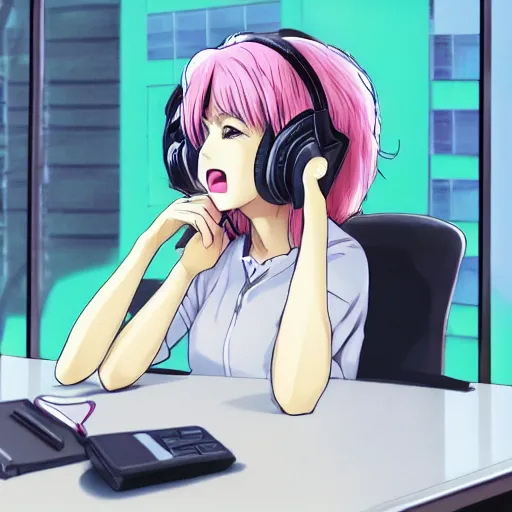 Image similar to high definition anime portrait of an anime girl with pastel colored hair sitting at a desk studying with headphones on, background is a window looking out into a busy Tokyo district, lo-fi art, masterpiece by Hirohiko Araki, trending on artstation, sharp high quality anime, digital art, photoshop, proportionate, ambient lighting, clear facial festures