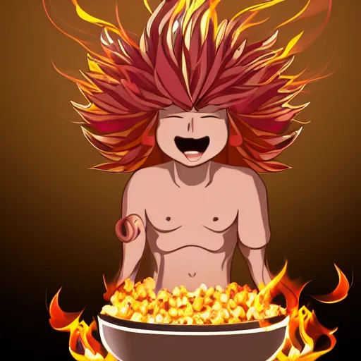 Image similar to fluffy popcorn anime character with a smiling face and flames for hair, sitting on a lotus flower, clean composition, symmetrical